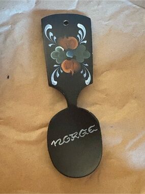 Hand-Painted Norwegian Wooden Spoon Wall Hanging - Black with Floral Motif